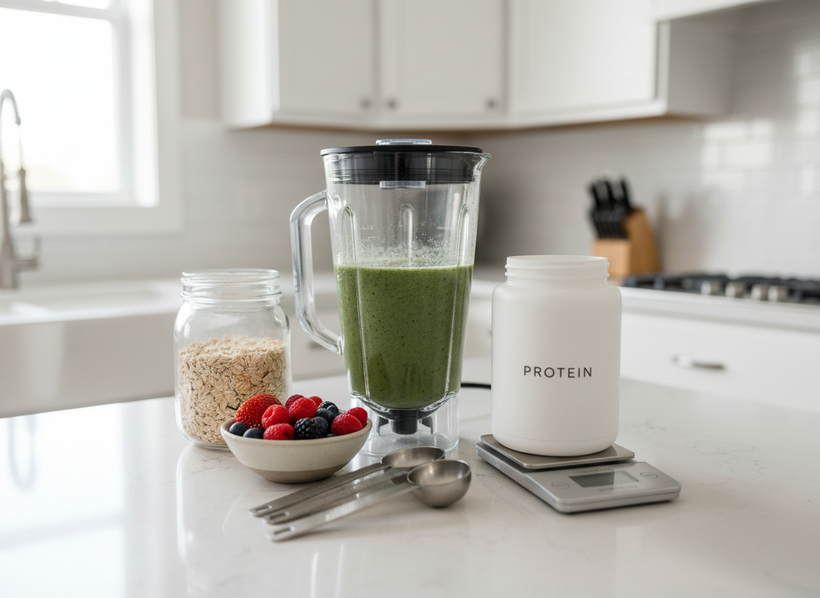 Eine sauber strukturierte Fitness-Küchenszene: Auf einer hellen Quarz-Arbeitsplatte steht ein transparenter Mixer mit frischem grünen Smoothie, daneben sorgfältig arrangierte Zutaten wie Haferflocken in einem klaren Glas, leuchtend rote Beeren in einer kleinen Schale und ein neutraler Proteinpulver-Behälter mit schlichtem Etikett. Ein schlankes digitales Küchenmessgerät und ein offenes Maßlöffel-Set liegen ordentlich bereit und symbolisieren präzise Nährwertkontrolle. Weiches Morgenlicht aus einem seitlichen Fenster erzeugt natürliche Highlights auf Glas und Edelstahl, während der Hintergrund aus unscharfen weißen Küchenschränken besteht. Fotografischer Realismus, leicht seitliche Perspektive auf Augenhöhe, rule-of-thirds Komposition. Die Stimmung ist frisch, motivierend und vertrauenswürdig, ideal für Artikel über gesunde Ernährung, ehrliche Supplement-Beratung und alltagstaugliche Fitness-Rezepte.