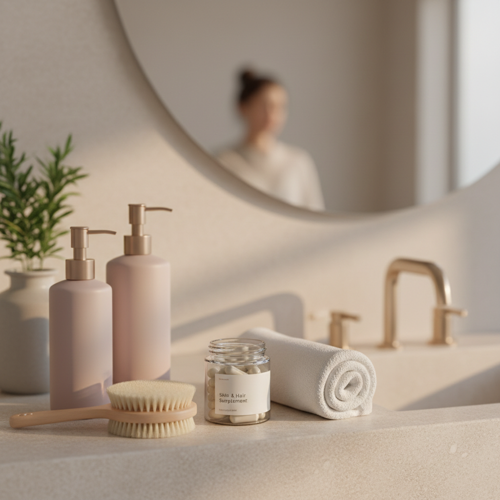 Eine stilvoll arrangierte Badezimmer- und Wellnessszene: Auf einem hellen Steinwaschbecken stehen schlichte, farblich harmonierende Spenderflaschen für Hautpflege, ein neutrales Trockenbürstenset und ein kleines, ungebrandetes Glas mit Nahrungsergänzungskapseln für Haut und Haare. Eine gefaltete, schneeweiße Baumwollhandtuchrolle liegt daneben, sorgfältig ausgerichtet. Im verschwommenen Hintergrund sind ein großer runder Spiegel und eine dezente Grünpflanze zu sehen, die für Natürlichkeit und Ausgewogenheit steht. Sanftes, warmes Morgenlicht von oben rechts erzeugt weiche Reflexionen auf Keramik, Glas und Metall, ohne grelle Highlights. Fotografischer Realismus, eye-level Komposition, leichte Tiefenunschärfe für einen cleanen, modernen Look. Die Stimmung ist ruhig, vertrauensvoll und gepflegt – ideal für Beiträge zu Beauty, ganzheitlicher Gesundheit und seriös kuratierten Pflegeprodukten.