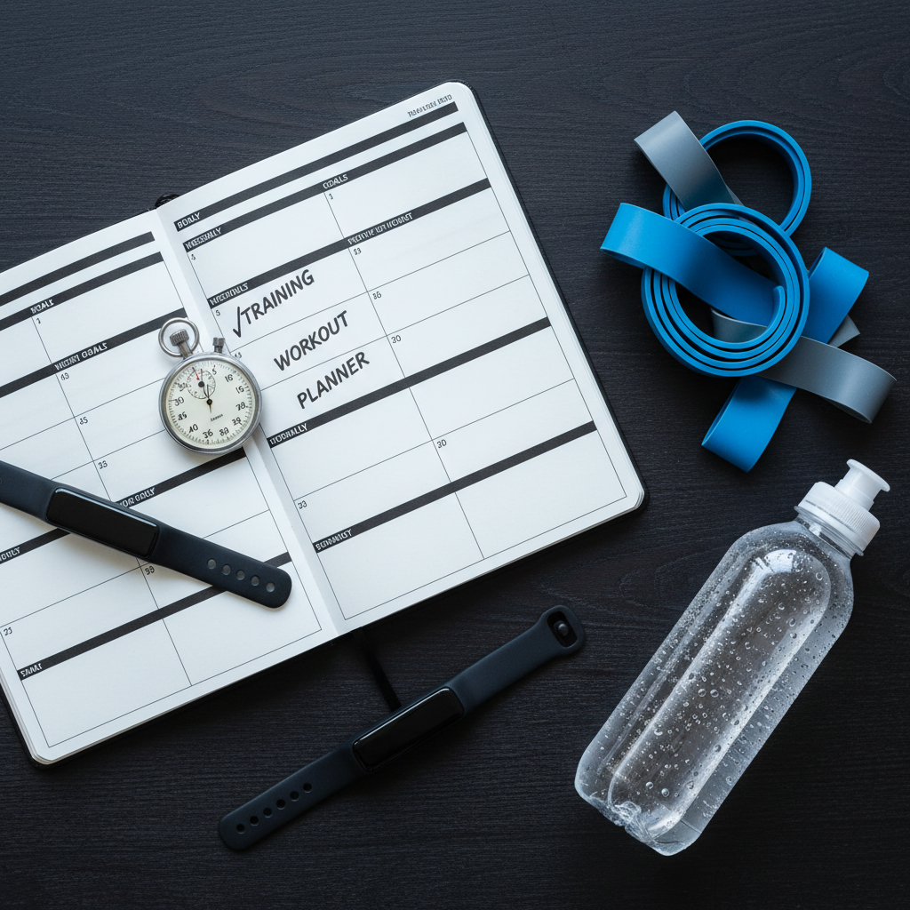 Ein dynamischer Flatlay einer Trainingsplanung: Auf einem dunkleren, strukturierten Holztisch liegt ein offener, klar gestalteter Trainingsplaner mit markierten Wochenzielen, daneben ein schlichtes, analoges Stoppuhr-Gehäuse, ein neutraler Fitness-Tracker ohne sichtbares Branding und ein dezentes Set farblich abgestimmter Widerstandsbänder. Eine transparente Trinkflasche mit gefiltertem Wasser und fein kondensierten Tropfen vermittelt echte Nutzung. Diffuses, kühles Tageslicht von oben sorgt für gleichmäßige Ausleuchtung und betont die Texturen von Gummi, Metall und Papier. Fotografische Realistik, konsequenter Flatlay-Blick von oben, präzise angeordnete Elemente in klaren Linien. Die Atmosphäre ist fokussiert, strukturiert und motivierend – passend für Inhalte über Trainingsplanung, Fortschrittskontrolle und verantwortungsvollen Einsatz von Fitness-Gadgets.